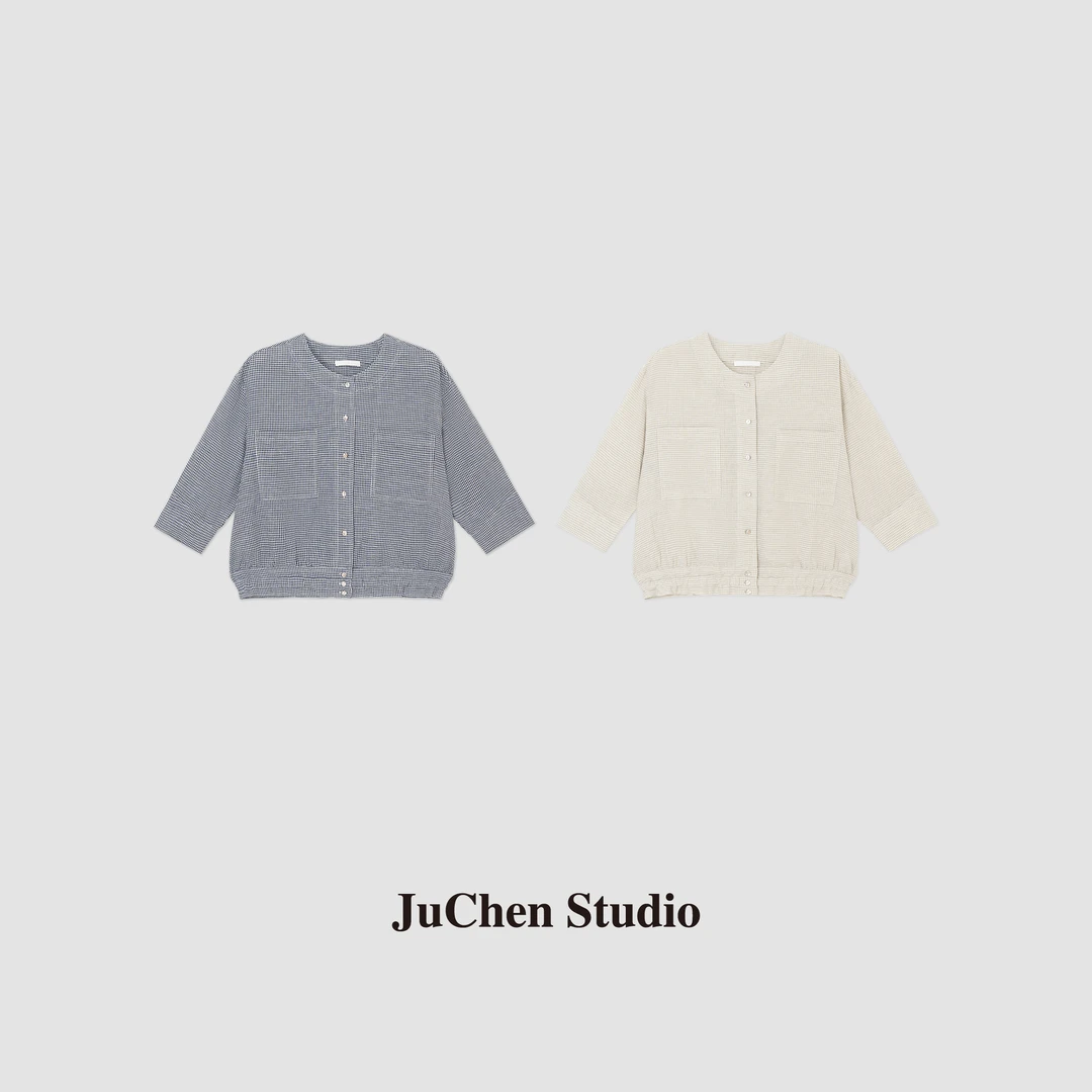 “邻家夏日”文艺风织细格纹亚麻七分袖衬衫上衣 SS062704