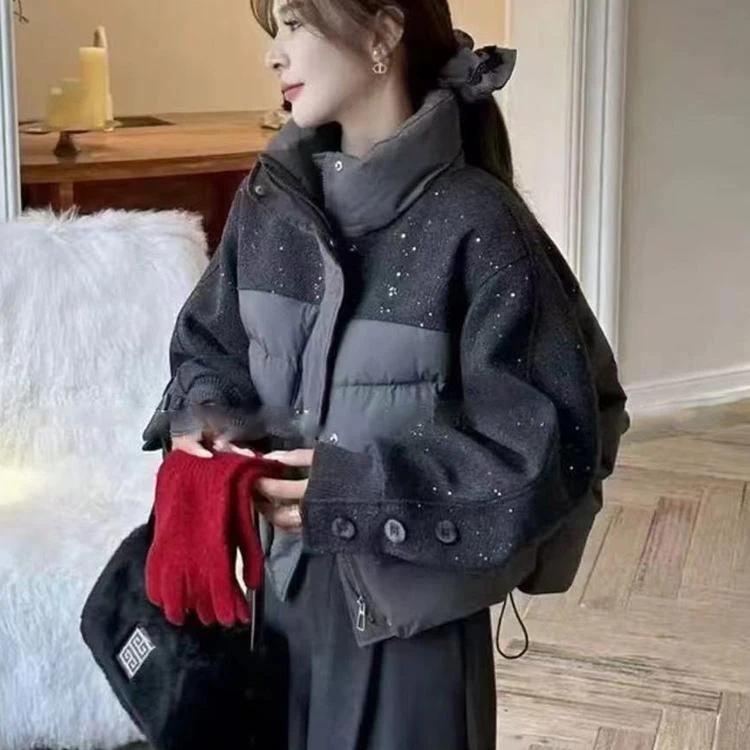 保暖宽松加厚压花外套百搭休闲牛仔ins秋冬棉衣棉服拼接连帽韩版