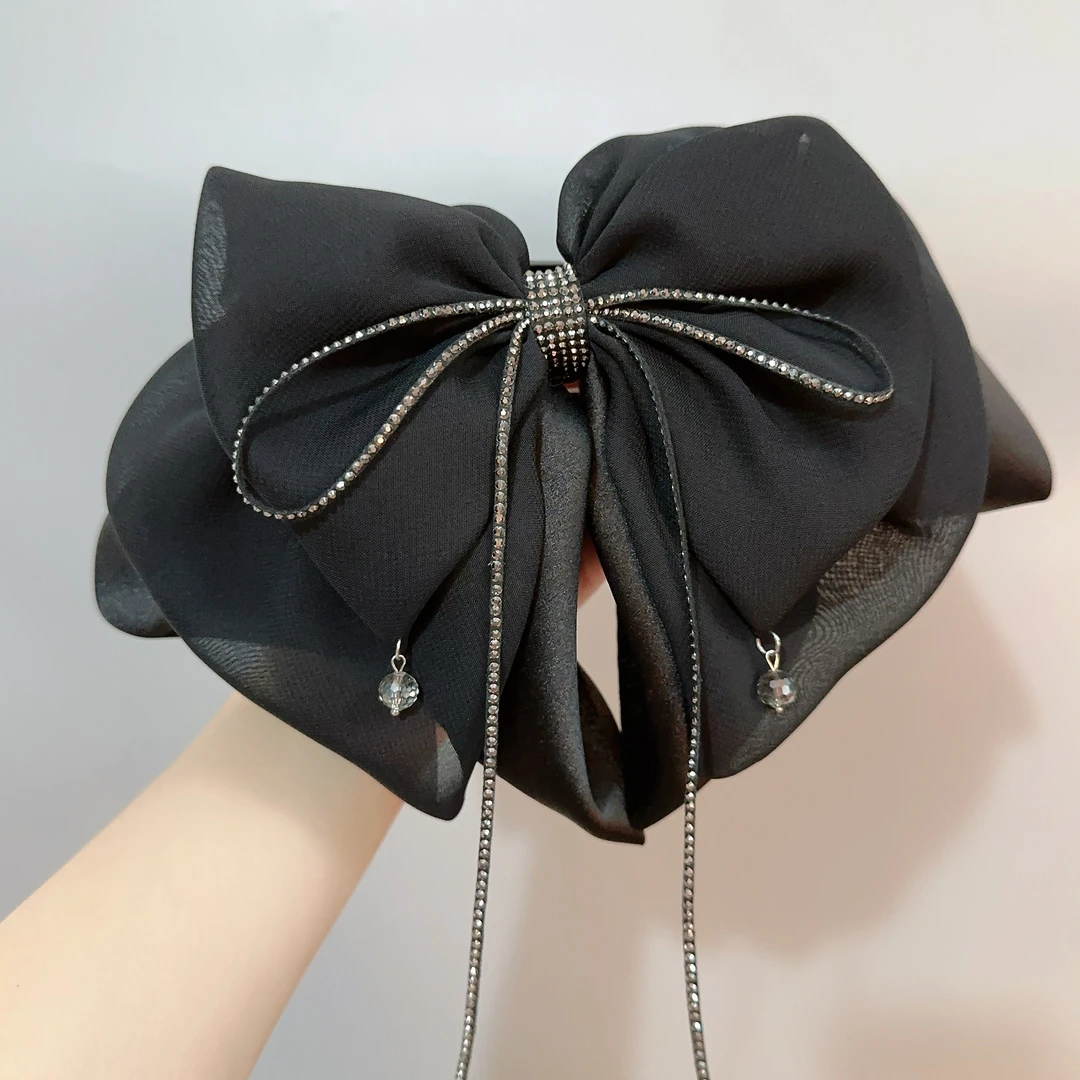 夏日新款马尾夹蝴蝶结雪纺黑色抓夹韩版原创设计简约时尚发夹发饰