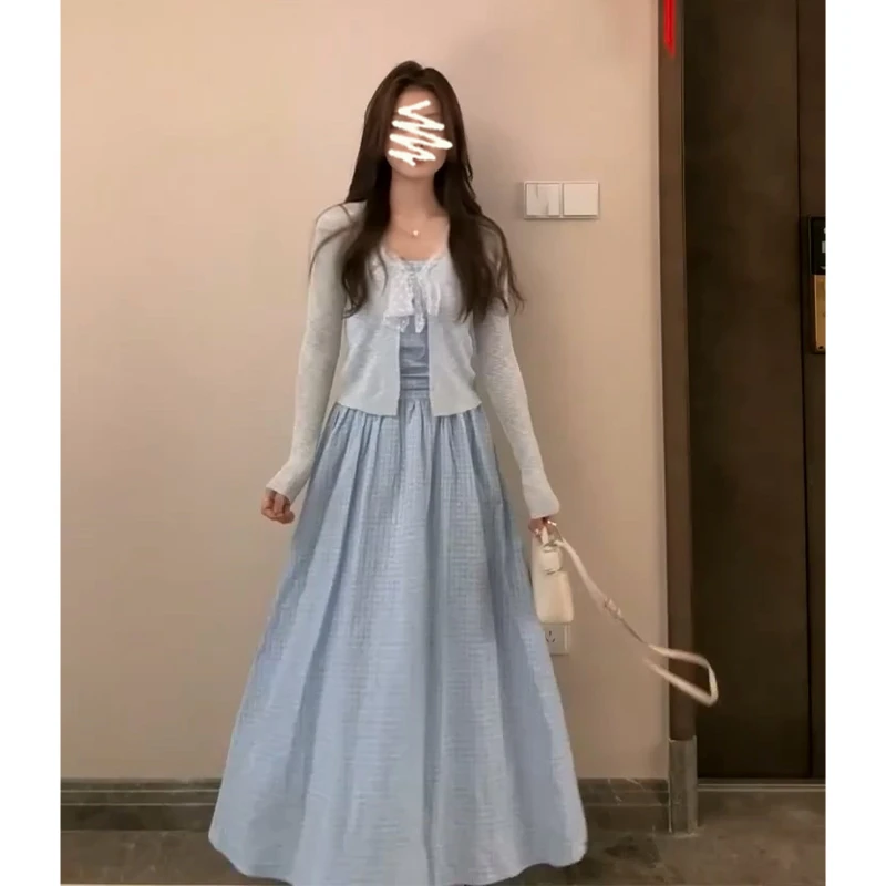 A1502#夏季新款韩系穿搭短款长袖针织开衫气质收腰格纹吊带连衣裙