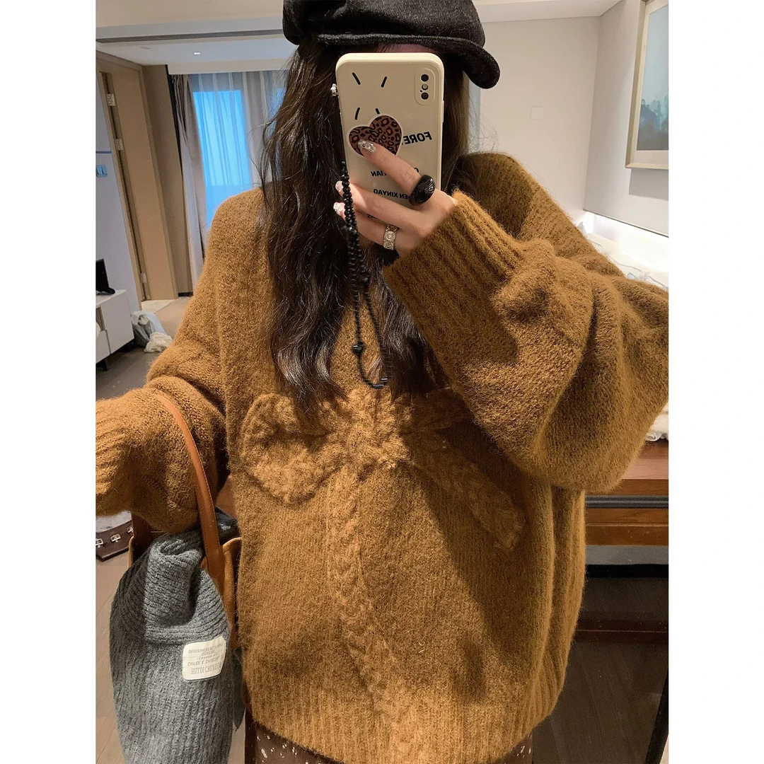 韩系蝴蝶结毛衣女针织衫秋冬新款宽松慵懒风软糯圆领套头加厚上衣