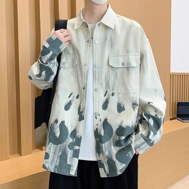 扎染工装外套男春秋款潮牌简约衬衫式夹克男宽松帅气休闲秋装上衣