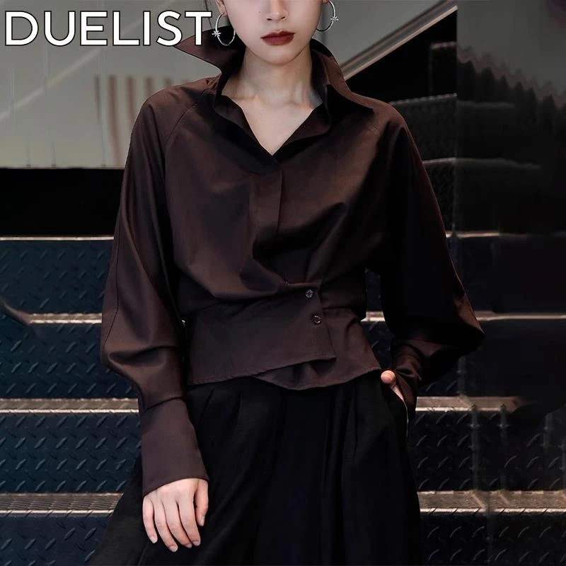 DUELIST早秋气质上衣时尚新款咖色翻领不规则纽扣短款长袖衬衫女