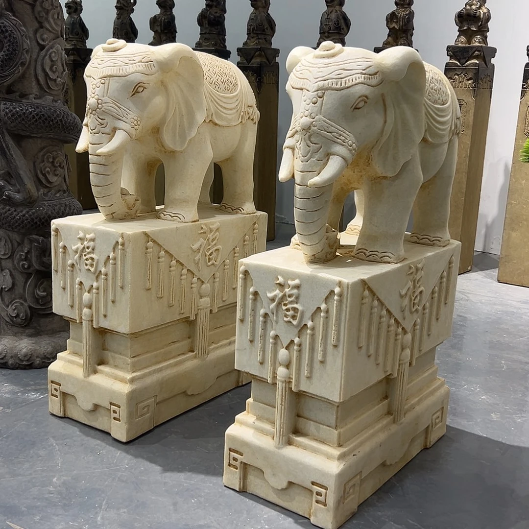 盆***嬉石材一对汉白玉大象门档