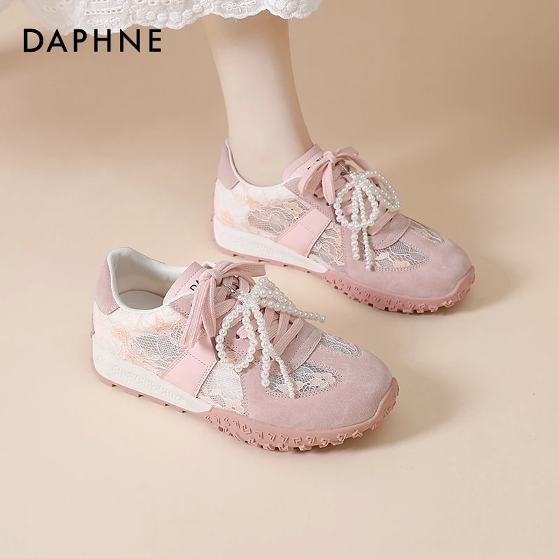 达芙妮粉色德训鞋女款2025新款夏季蕾丝芭蕾舞鞋厚底休闲运动鞋女