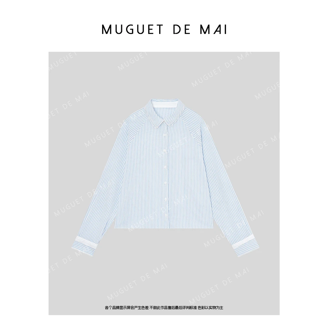 【MGDM】休闲清新设计双层polo领条纹衬衫插肩袖轻薄防晒宽松上衣