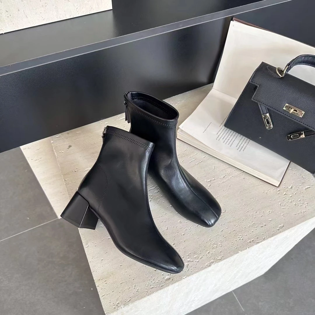 韩版方头软皮粗跟短靴净版裸色高跟短靴黑色工作裸靴255233-1