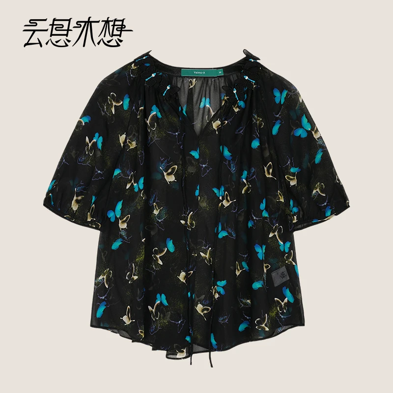 Ysimo-X云思木想 兰夜梦蝶 轻奢印花蝴蝶绣花100桑蚕丝衬衫13237