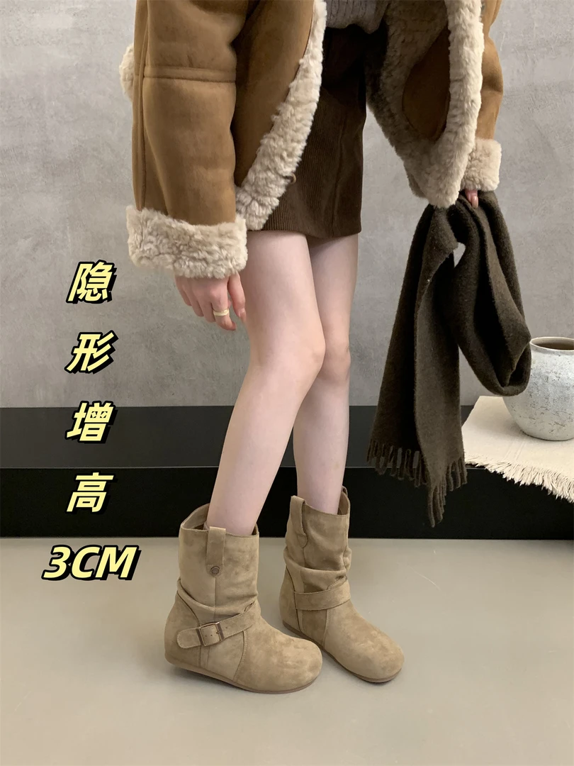 现货网红内增高丑萌堆堆短靴女2025新款百搭马丁靴博肯西部牛仔靴