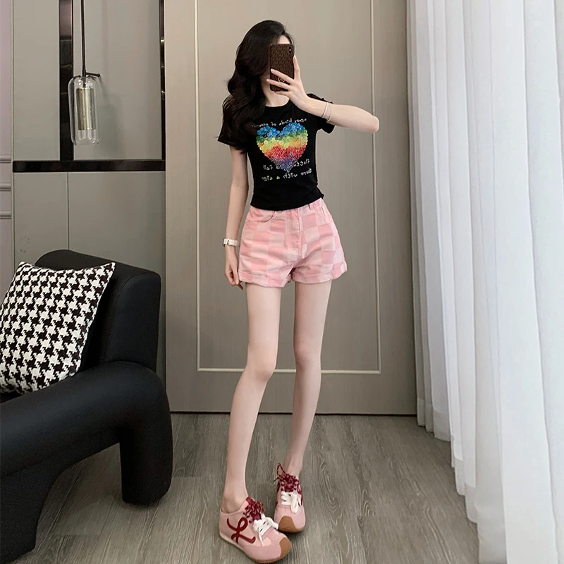 夏季新款黑色短袖烫钻印花T恤高腰水洗牛仔短裤女减龄时尚套装