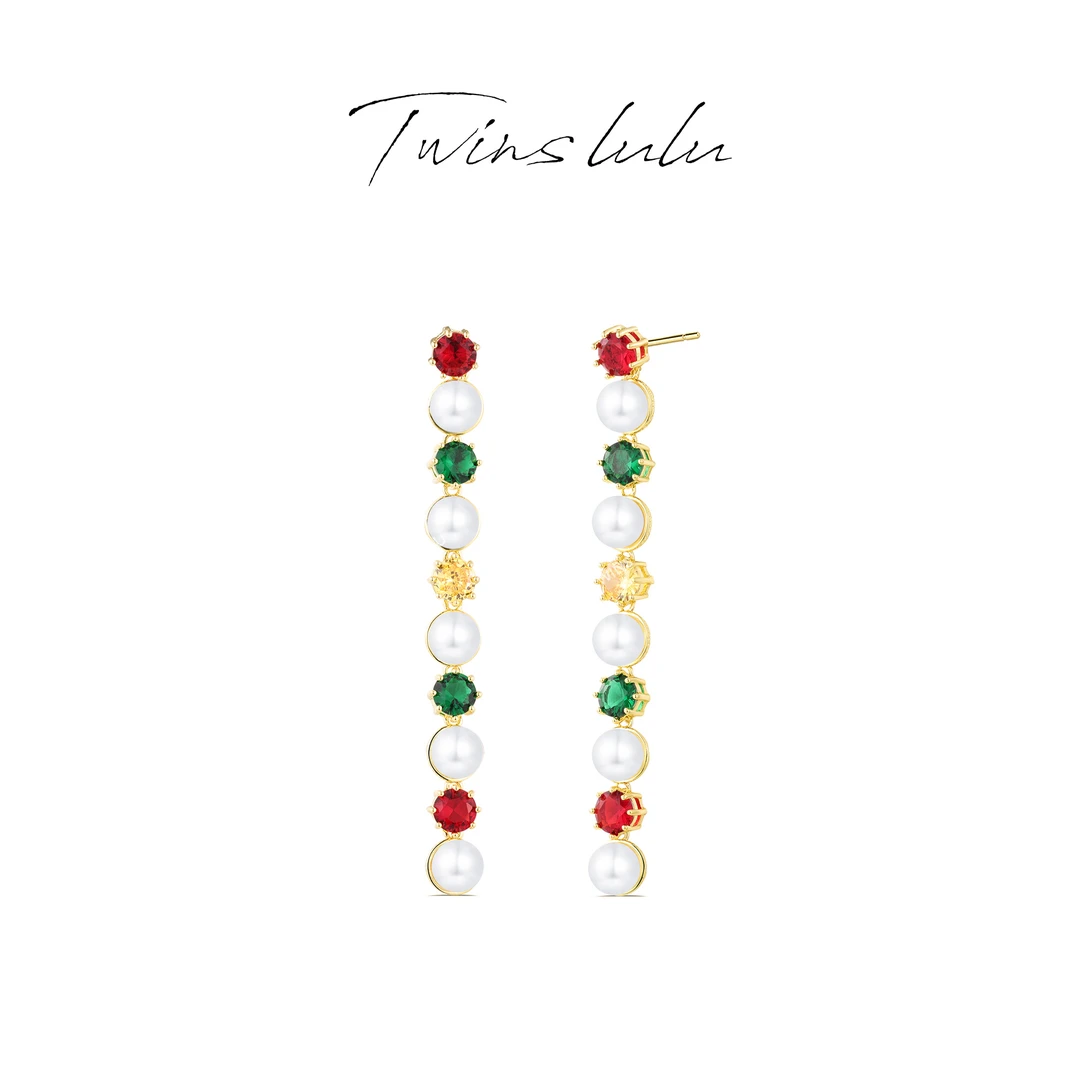 TWINS LULU 镀k金  美国时尚百搭撞色镶嵌珠珠流苏耳线TSL915