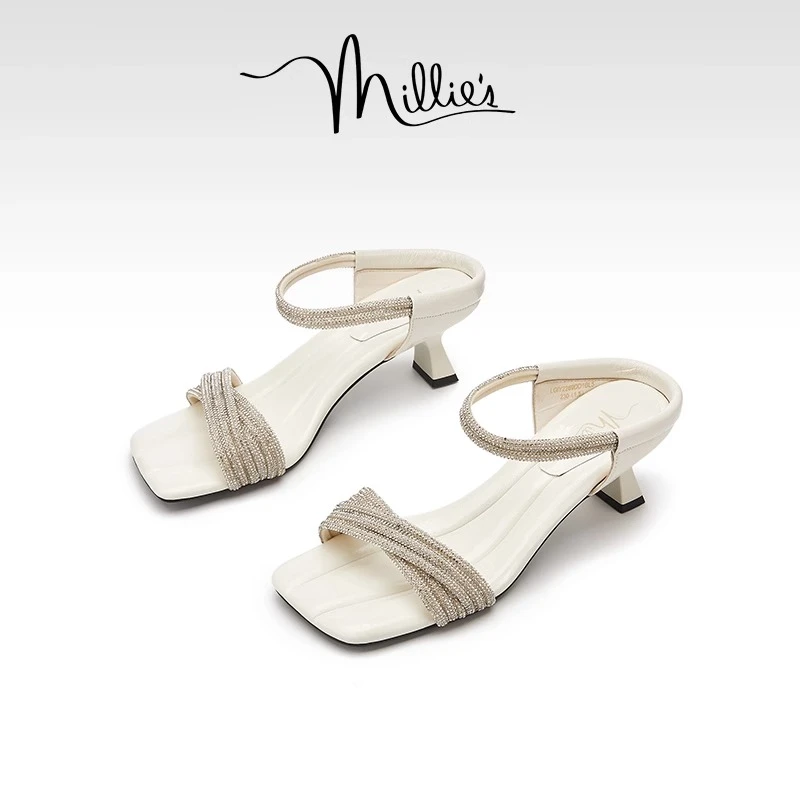 妙丽真皮露趾一字带凉鞋女2025夏季新款水钻绝美气质不累脚高跟鞋