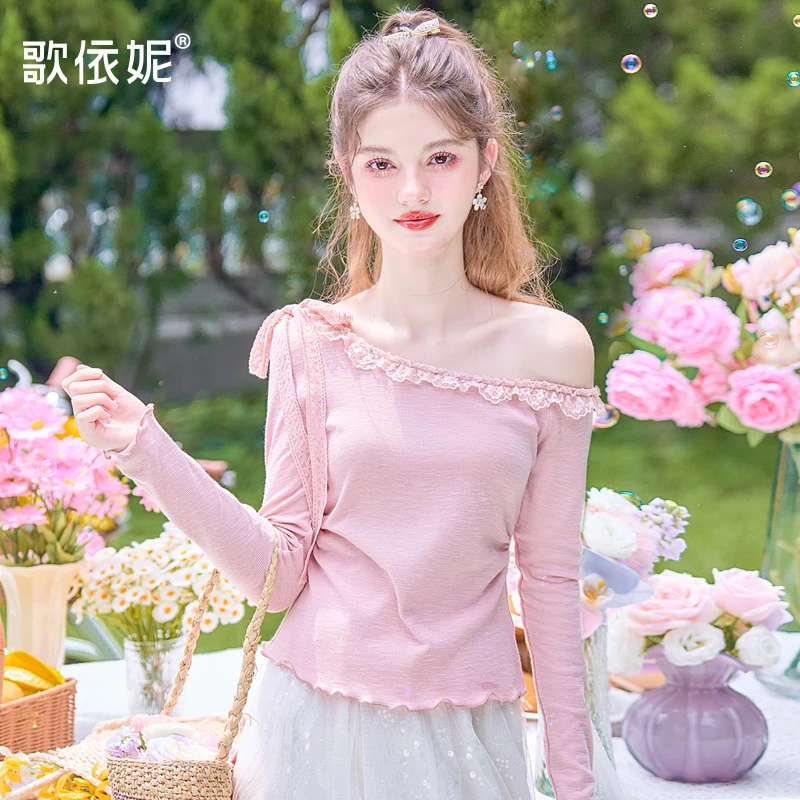 歌依妮秋季新款女甜美粉色斜肩露肩外穿内搭打底衫蕾丝长袖T恤衫