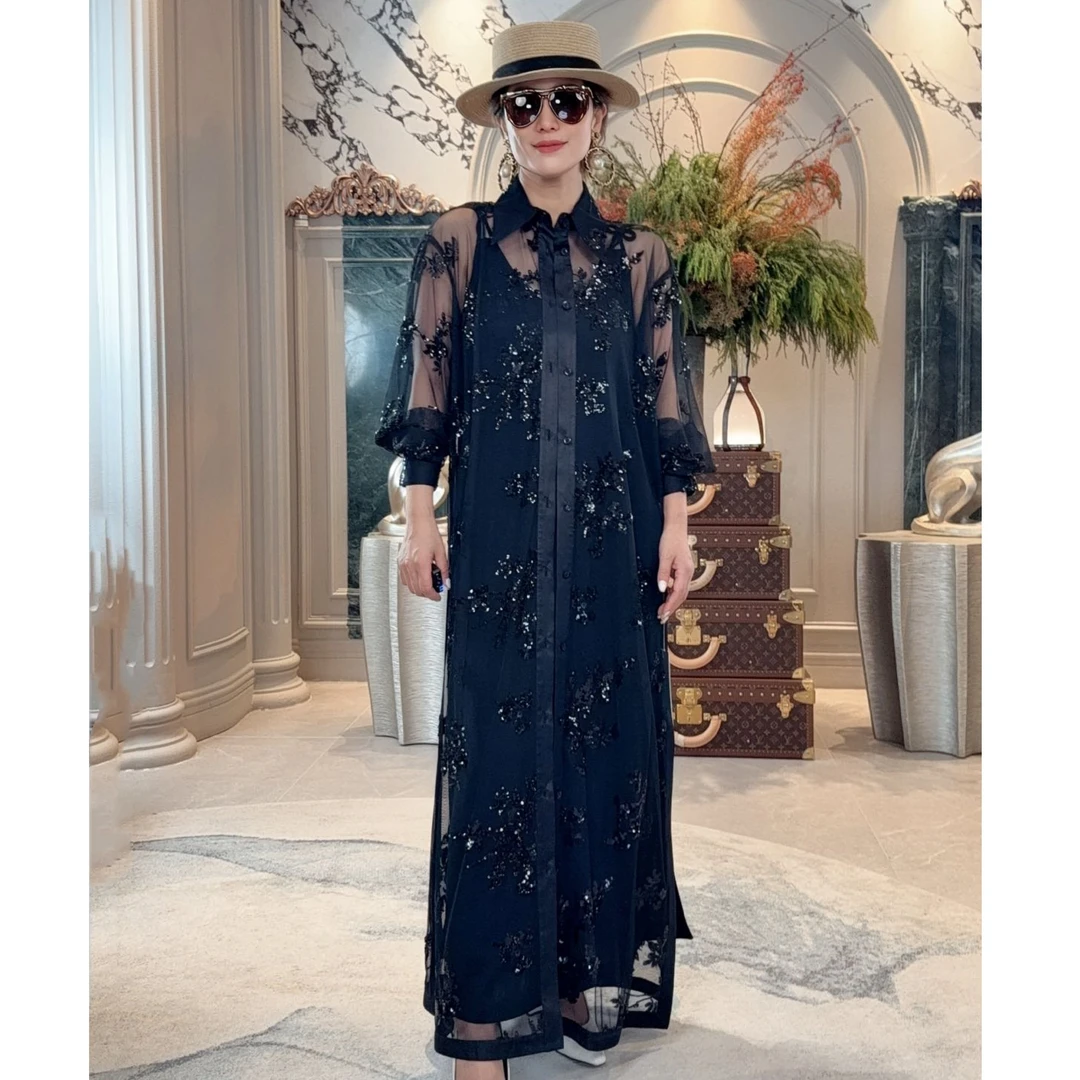 LA MAISON JADE玉琼国风 黑色透明长衬衫 J24S3068