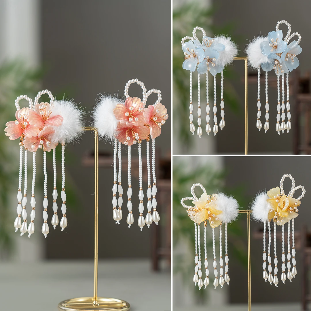 春亦轩中式新款伞花毛球对夹发饰女现代旗袍汉服马面裙百搭发夹