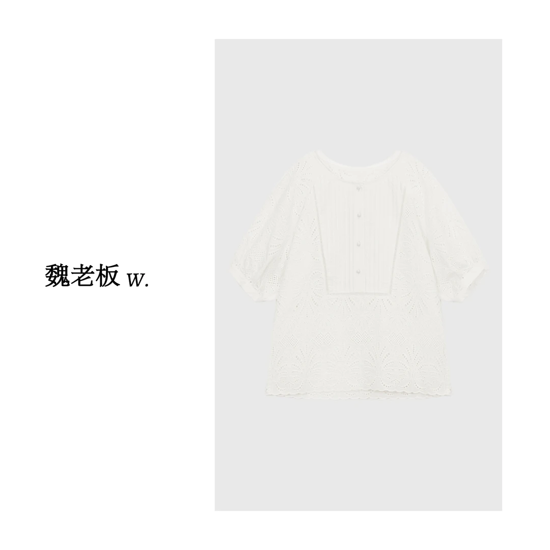 W.Diva【织物集】白色百搭洋气镂空花边休闲短裤短袖套装51K091689