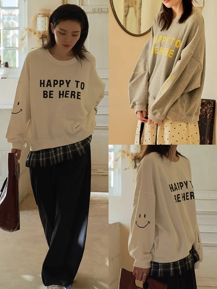 THREEPASS三水酱 韩系男友风|字母印花圆领套头宽松卫衣