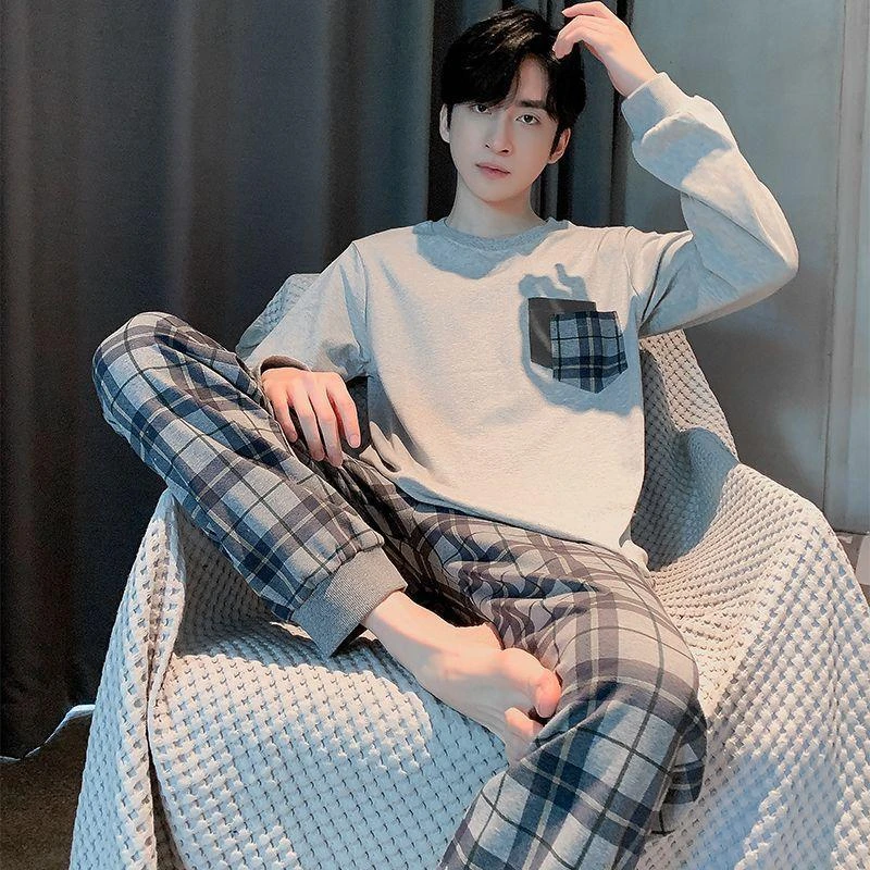 潮走新款冰丝男士睡衣春夏季长袖青少年男生睡衣秋冬可外穿家居服