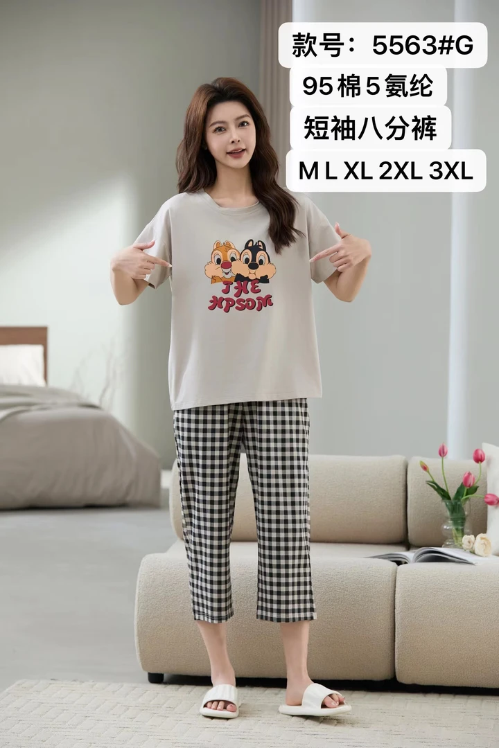 新款女士爽棉纯棉拉架短袖八分裤睡衣套装 7323