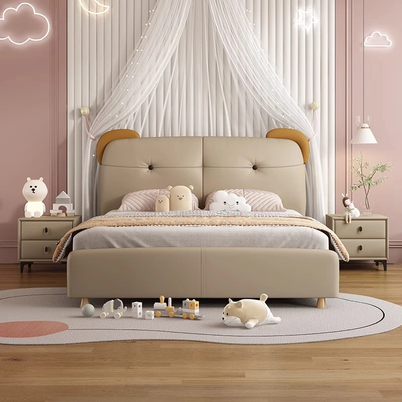 儿童小熊男孩真皮床卡通青少年女孩公主床简约现代女童居家好物