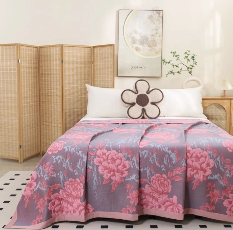 【Y山水牡丹】200-230cm可铺可盖多层纱布亲肤通用高端床盖