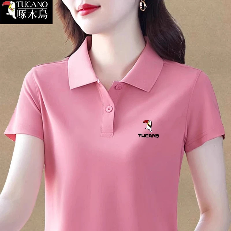 啄木鸟短袖透气T恤女士夏季洋气减龄2025年新款纽扣POLO领上衣ins