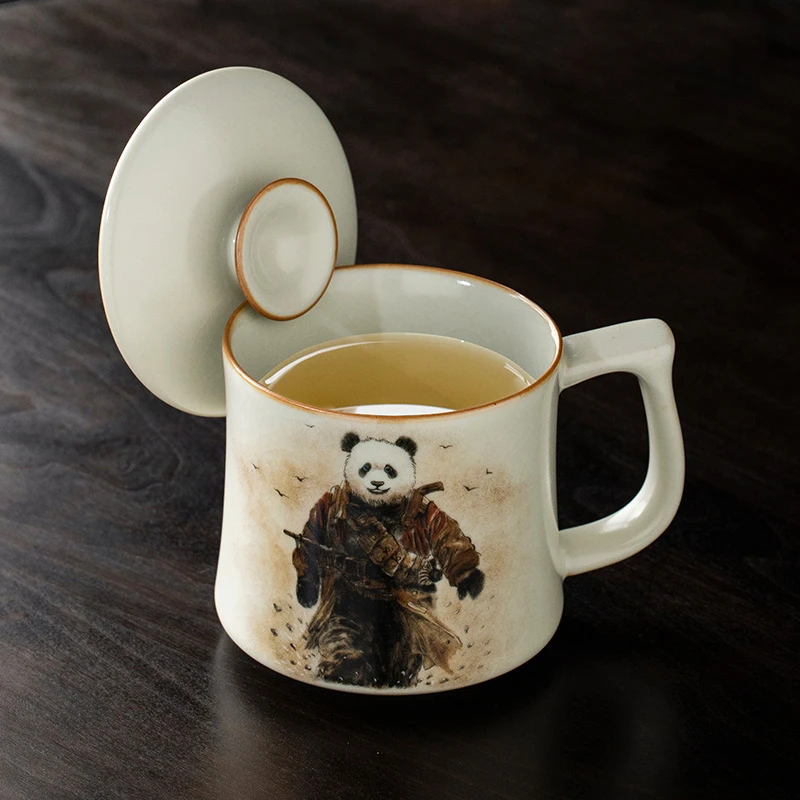 汝窑创意战斗熊猫办公杯带盖泡茶杯个人专用水杯马克杯喝茶杯子