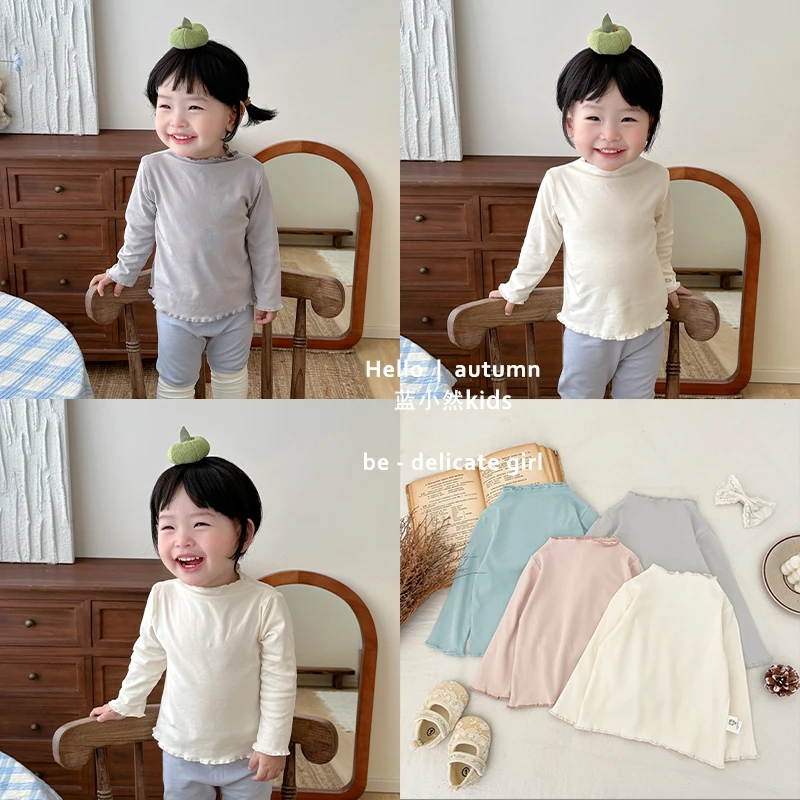 K25C90春秋薄款糖果色百搭洋气纯色卷边叠穿T恤女宝宝长袖打底衫