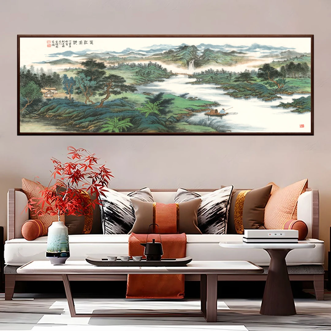 344-62*185春江坐钓图山水画中式客厅青绿山水装饰画办公室挂画