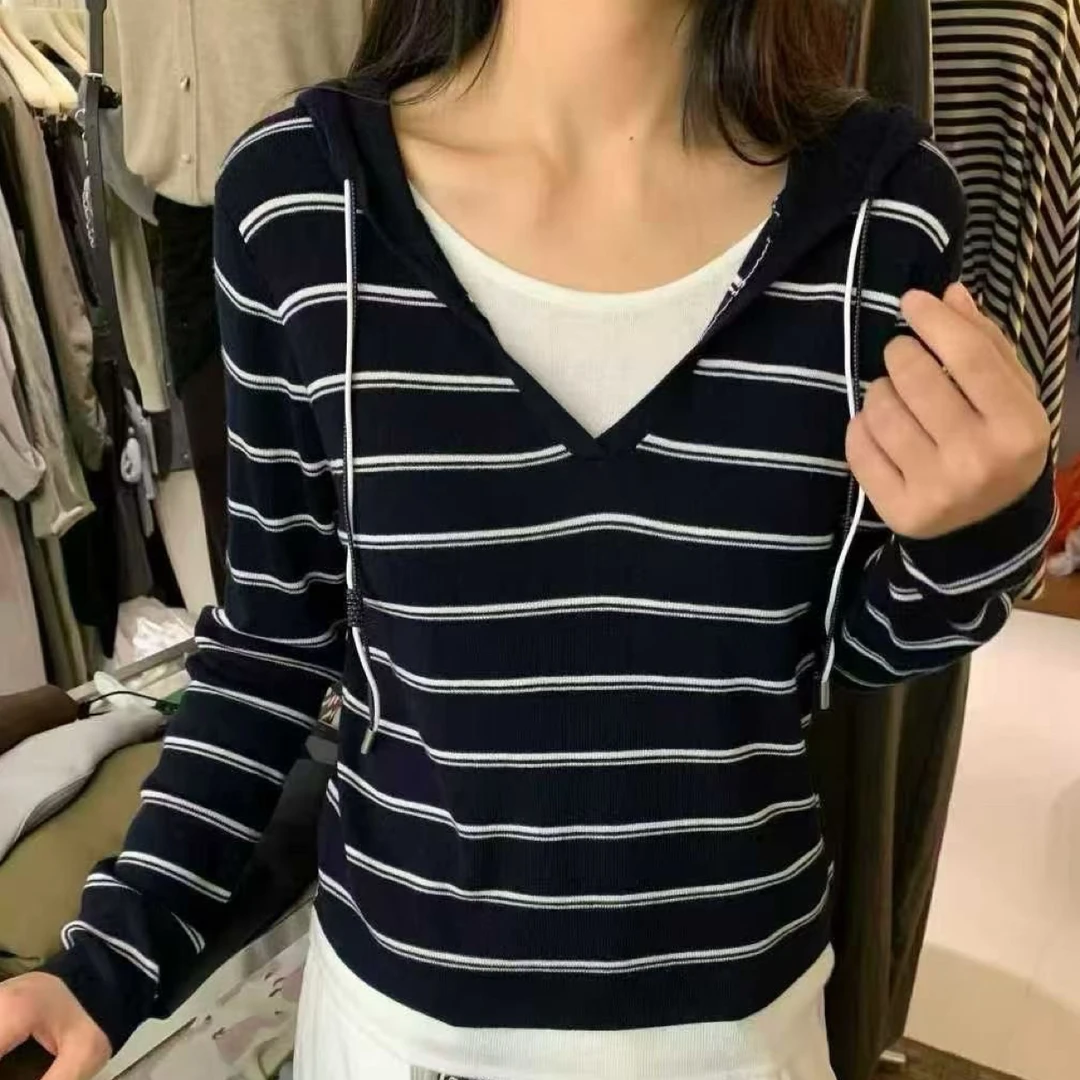 透气长袖女条纹连帽针织毛针织衫针织衫打底衫显瘦