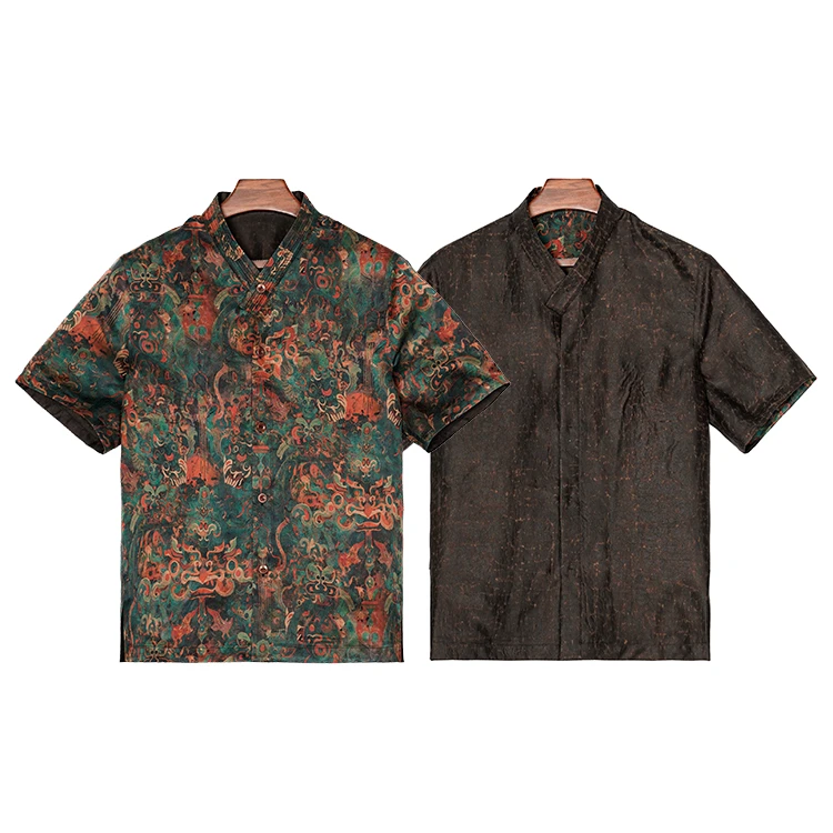 99263 男士双面穿立领衬衫桑蚕丝素平缎香云纱新中式复古休闲上衣