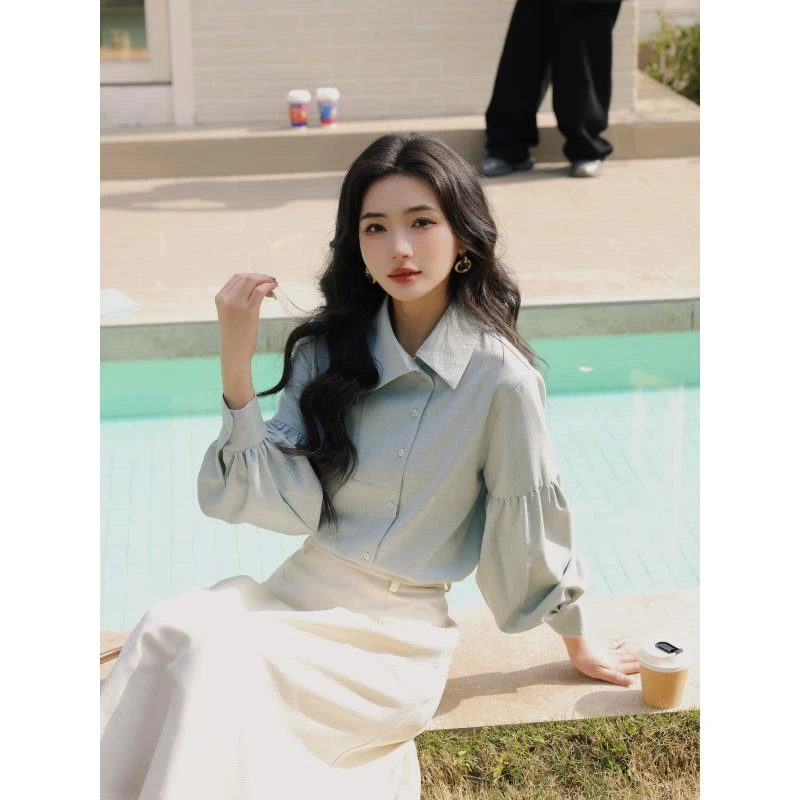 丁佳欣【碧海蓝天】港风复古纯色衬衫女宽松显瘦上衣JK0725172