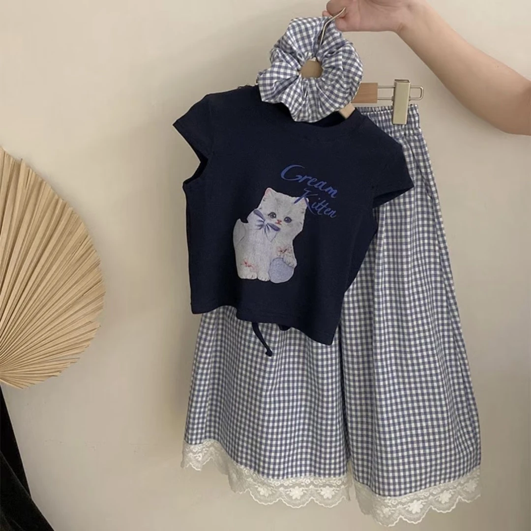 女童夏季新款2025卡通蝴蝶结猫咪印花短袖宽松阔腿休闲裤两件套潮