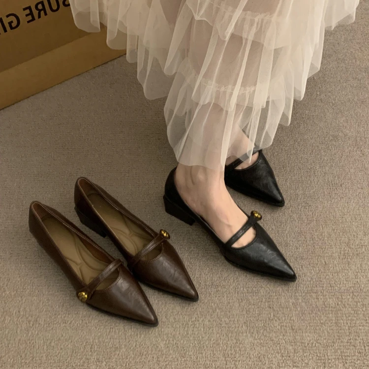 尖头通勤浅口单鞋女2025新款法式复古休闲晚风粗跟玛丽珍小皮鞋