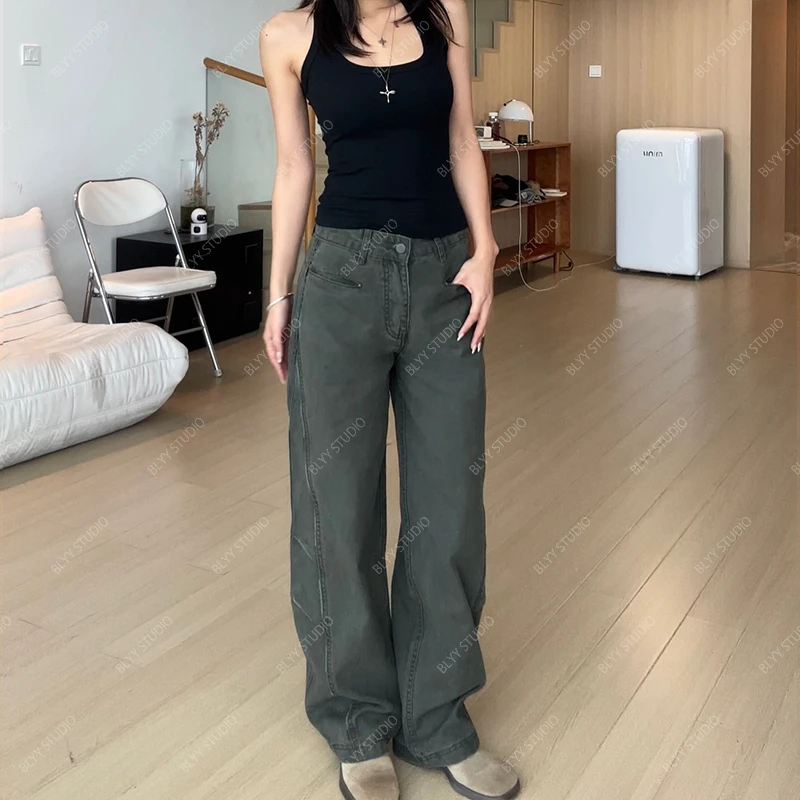 【Q】2025夏新款复古百搭拼接结构简约休闲工装裤女Q254084