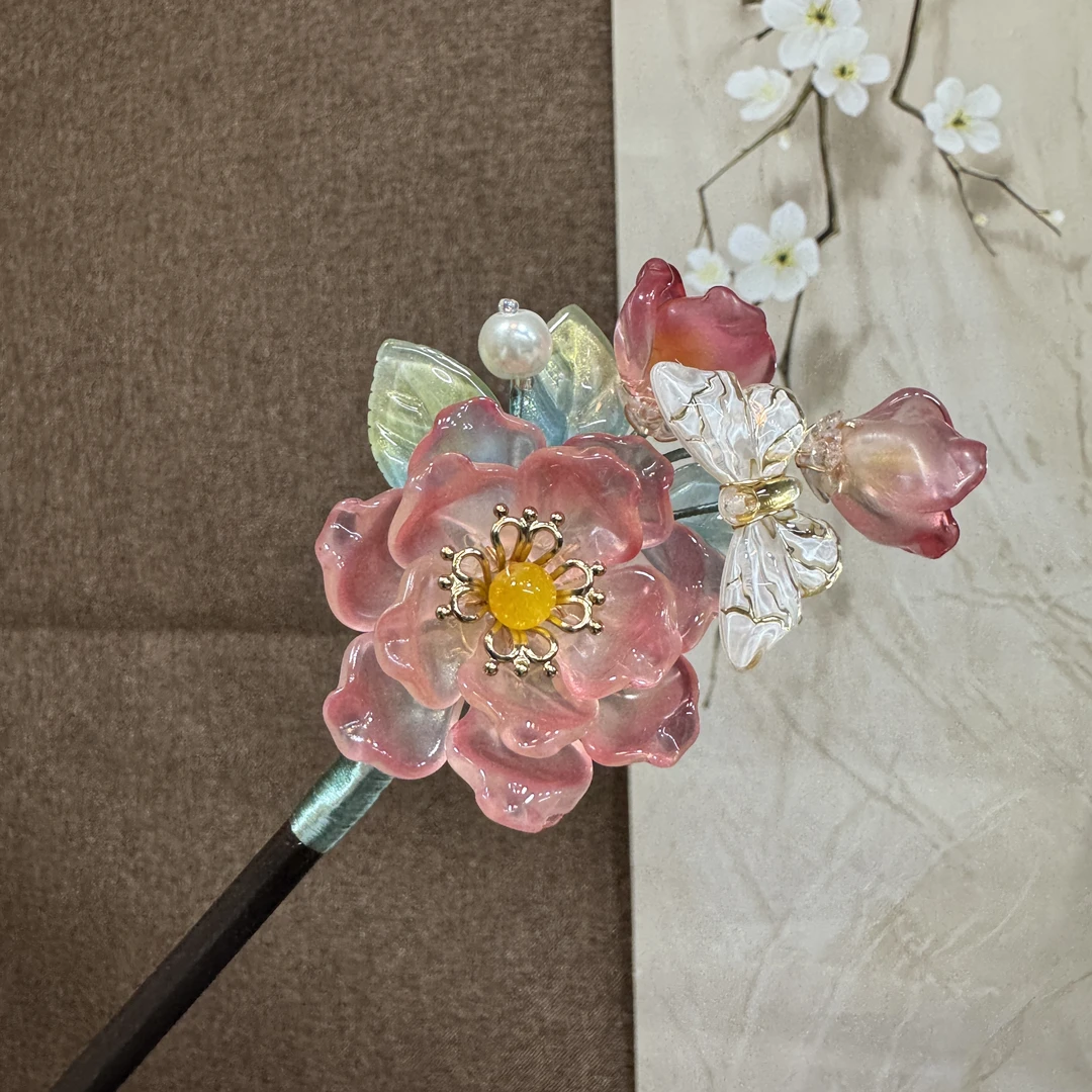 906琉璃木簪发饰汉服古风旗袍盘发头饰簪发花朵