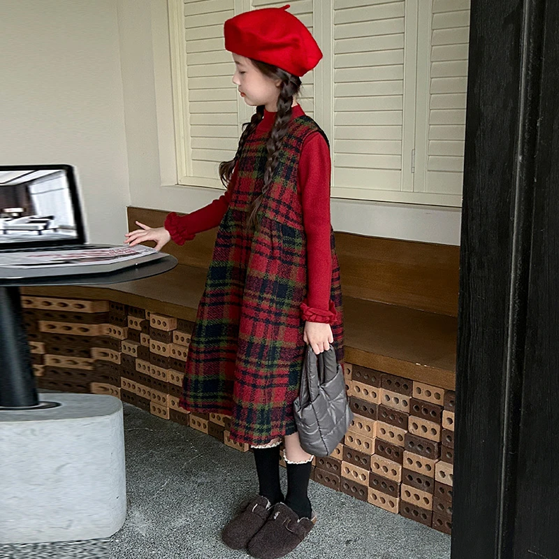 女童加绒格子毛呢裙秋冬季2025新款中大童加厚毛衣背心裙两件套潮