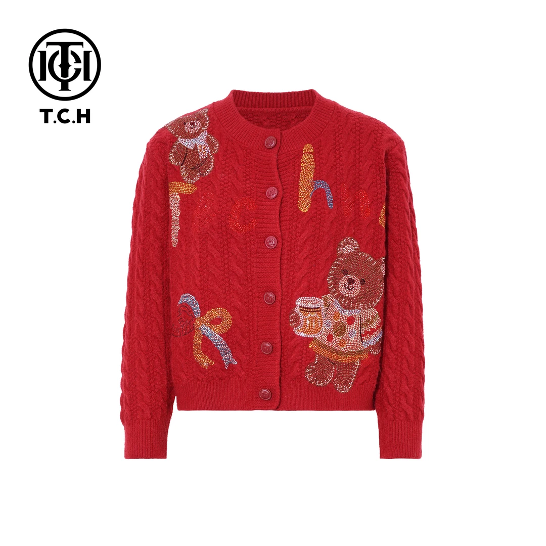 TCH【时尚气质】冬款时尚烫钻红色休闲风女装针织衫T75D43E1066