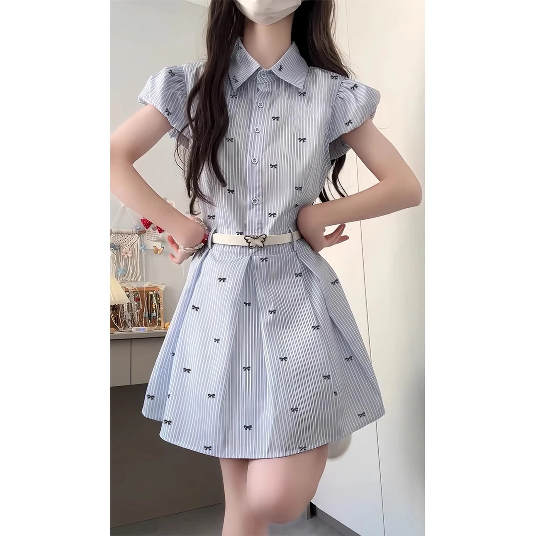 CreamKitten蓝蝶迷梦 蓝色条纹蝴蝶结连衣裙女衬衫领收腰短裙夏
