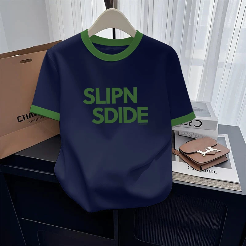 正肩圆领撞色短袖女t恤2025新款时尚百搭洋气设计感小众夏季上衣