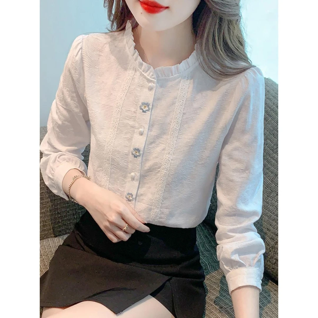 【退货运费全补】纯棉木耳边白色衬衫女加绒加厚刺绣提花衬衣洋气