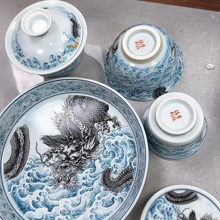 瓷片墨龙游海5件套景德镇