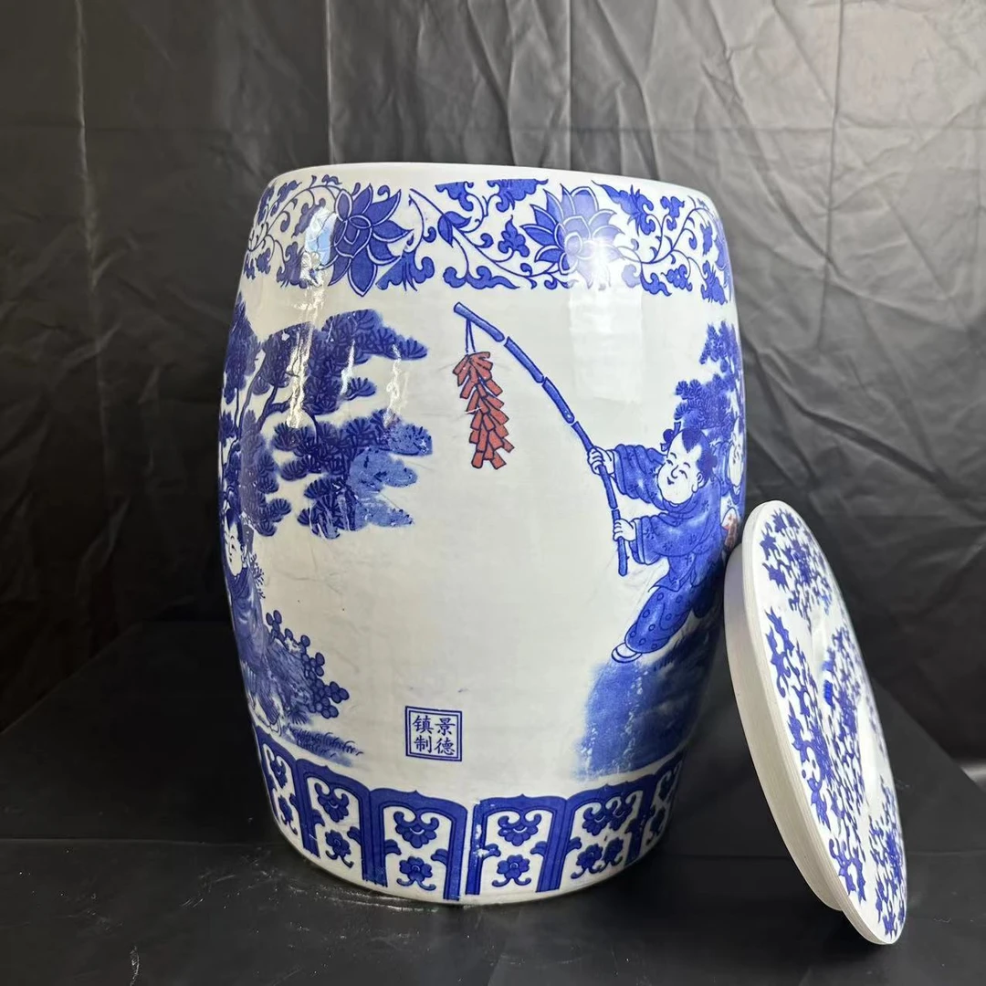 DP-A38青花献寿图凳子米缸30斤装/高34厘米宽23厘米/仅有一件