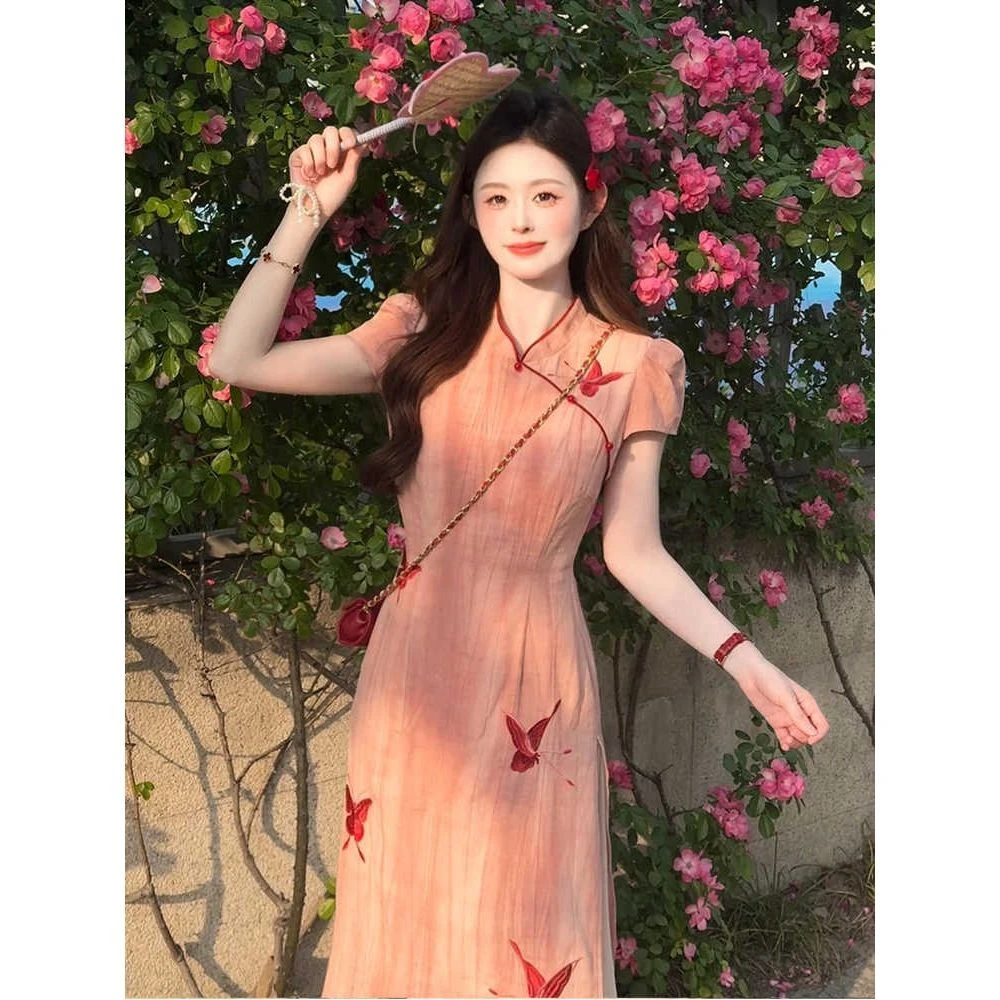 新中式国风粉色改良旗袍连衣裙女夏2025新款小个子高级感连衣裙女