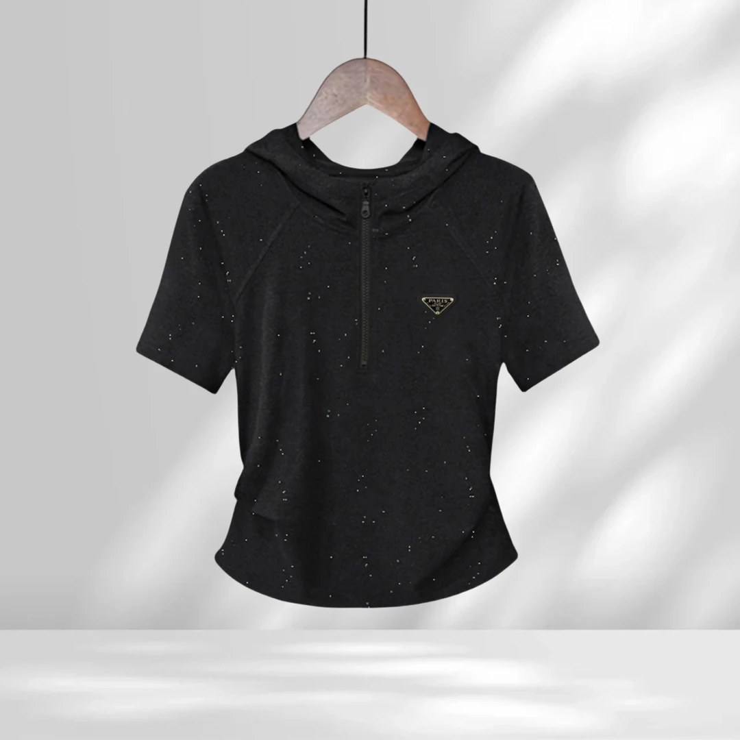 连帽撒银拉链设计感短袖T恤女时尚休闲百搭显瘦上衣2025夏季新款