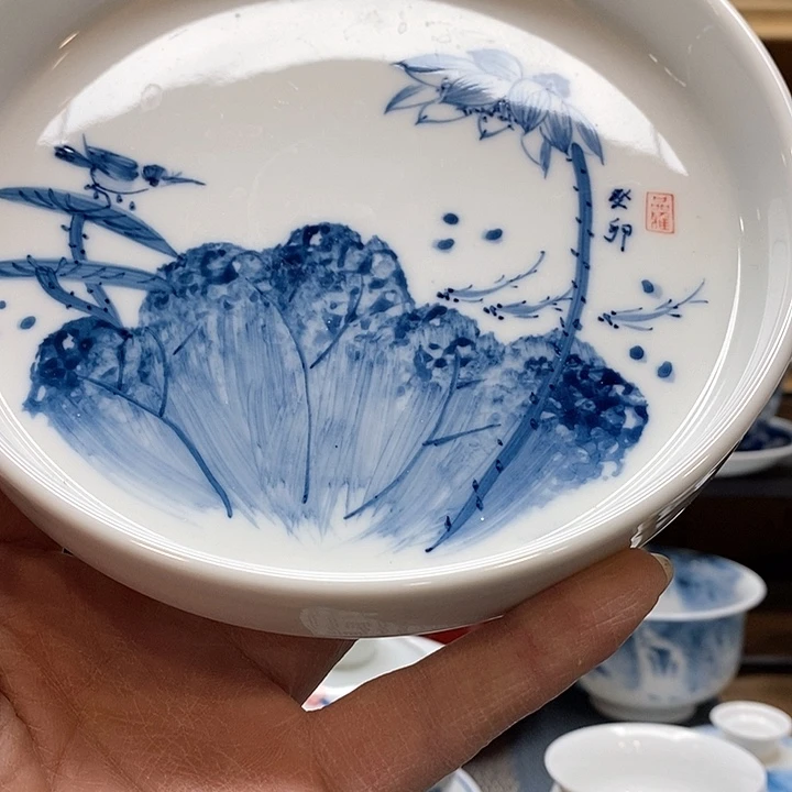 手绘微瑕荷花翠鸟壶承