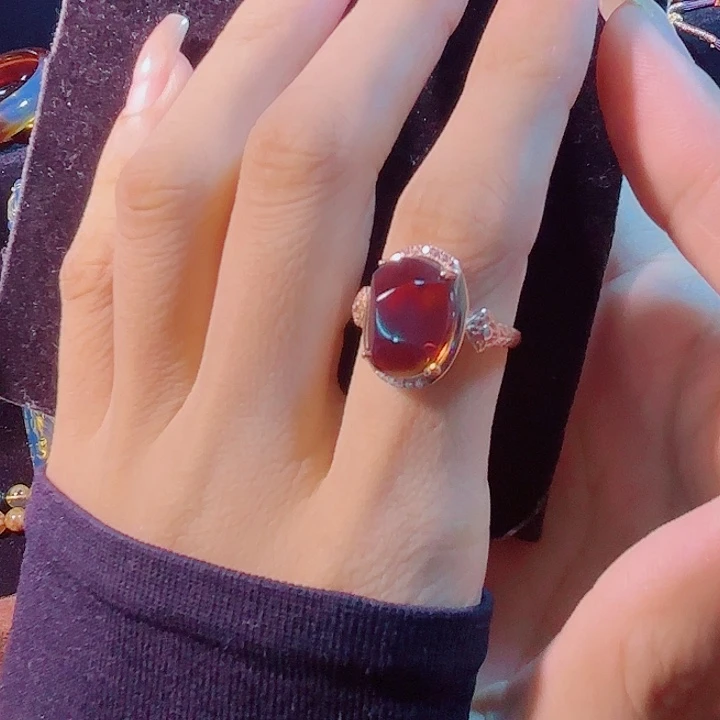 银S925镶嵌蓝珀珠宝奇石墨西哥红蓝戒指