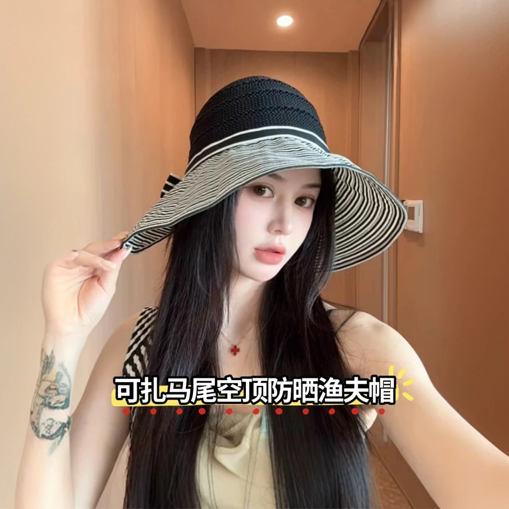 2025新款韩版百搭条纹遮阳帽子女夏季出游大檐可扎马尾空顶防晒帽