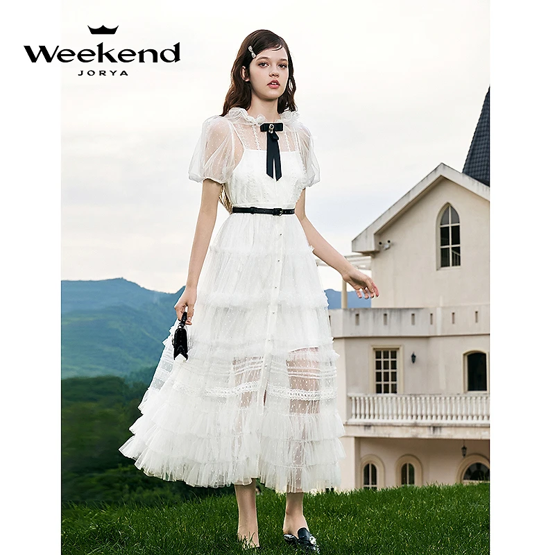 卓雅周末夏蝴蝶结蕾丝长款蛋糕连衣裙EJWEBQ55