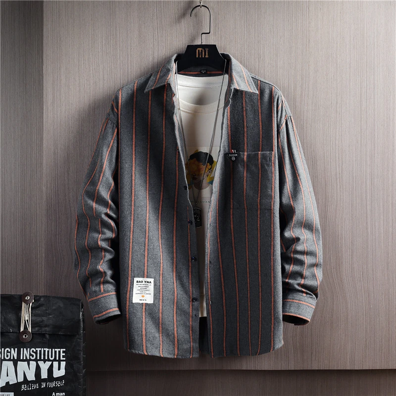 春秋季新款薄款复古长袖时尚条纹个性潮流百搭男款休闲衬衫男士